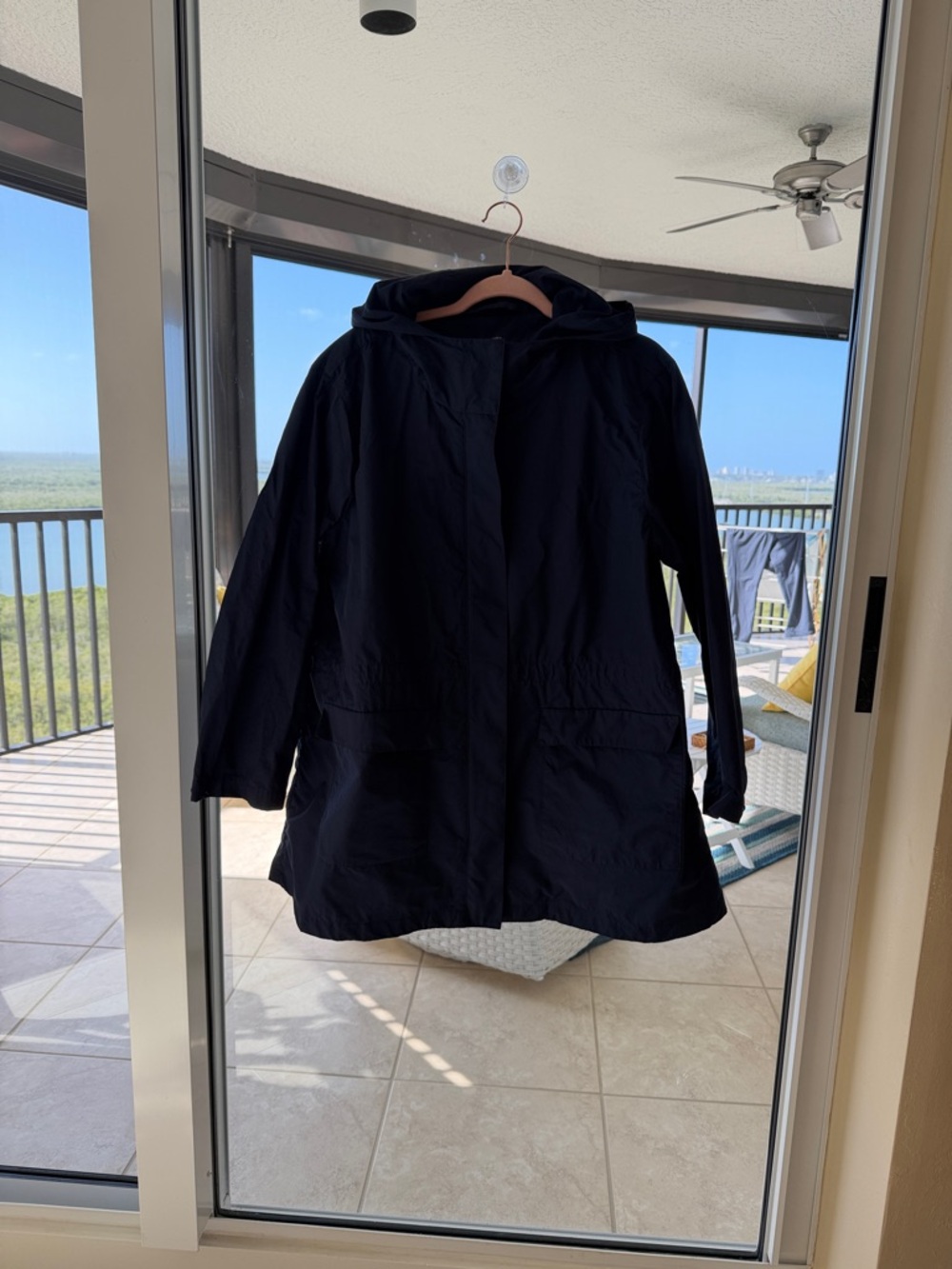 Eileen Fisher Navy Light Weight Cotton Nylon Stand Collar Coat